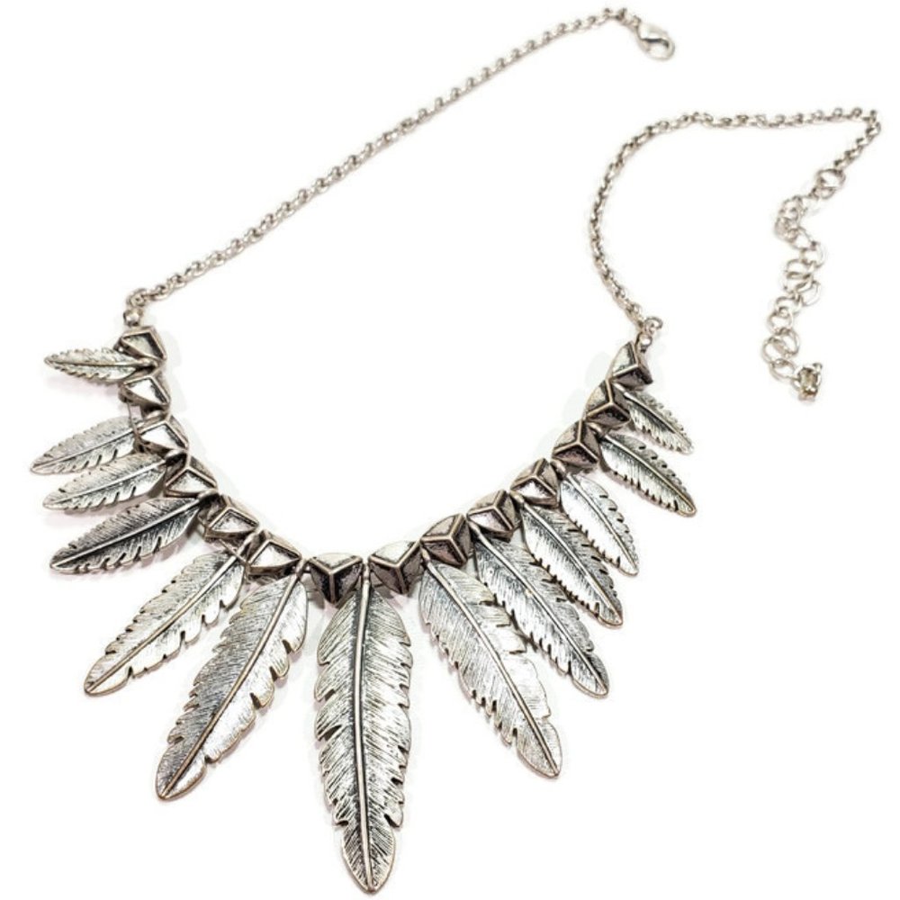 Etched Feather Statement Necklace Silver Tone 16.5